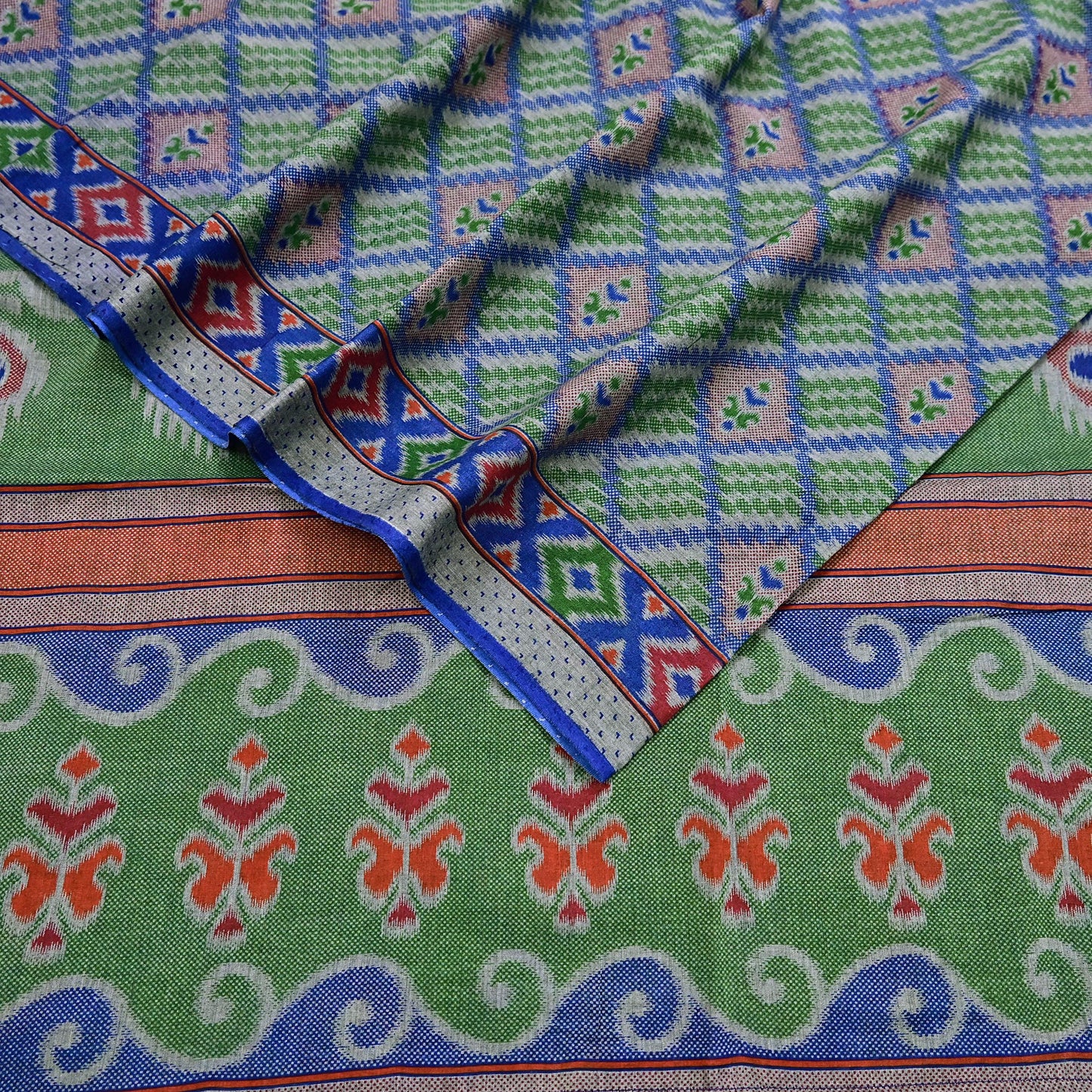 Indian Vintage Sari Green & Blue Pure Cotton Printed Sarees Craft Fabric 5Yd Soft Sewing Sarong Wrap Boho Floral Quilting Upcycle Crafting