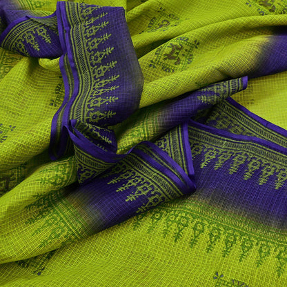 Indian Vintage Purple & Green Sarees Pure Cotton Block Printed Sari 5yd Sewing Craft Fabric DressMaking Soft Crafting Quilting Upcycle