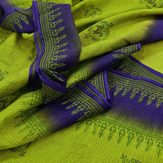 Indian Vintage Purple & Green Sarees Pure Cotton Block Printed Sari 5yd Sewing Craft Fabric DressMaking Soft Crafting Quilting Upcycle