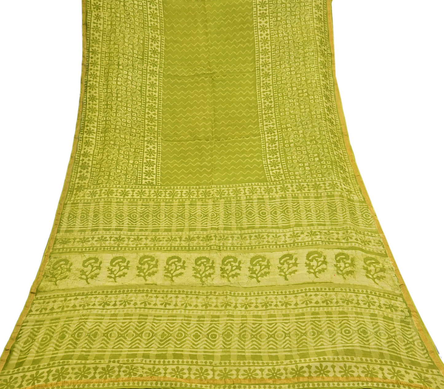 Indian Vintage Green & yellow Block Printed Pure Chanderi Silk Saree Zari Border 6Yards Soft Craft Fabric for Upcycling, Dressmaking,