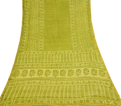 Indian Vintage Green & yellow Block Printed Pure Chanderi Silk Saree Zari Border 6Yards Soft Craft Fabric for Upcycling, Dressmaking,
