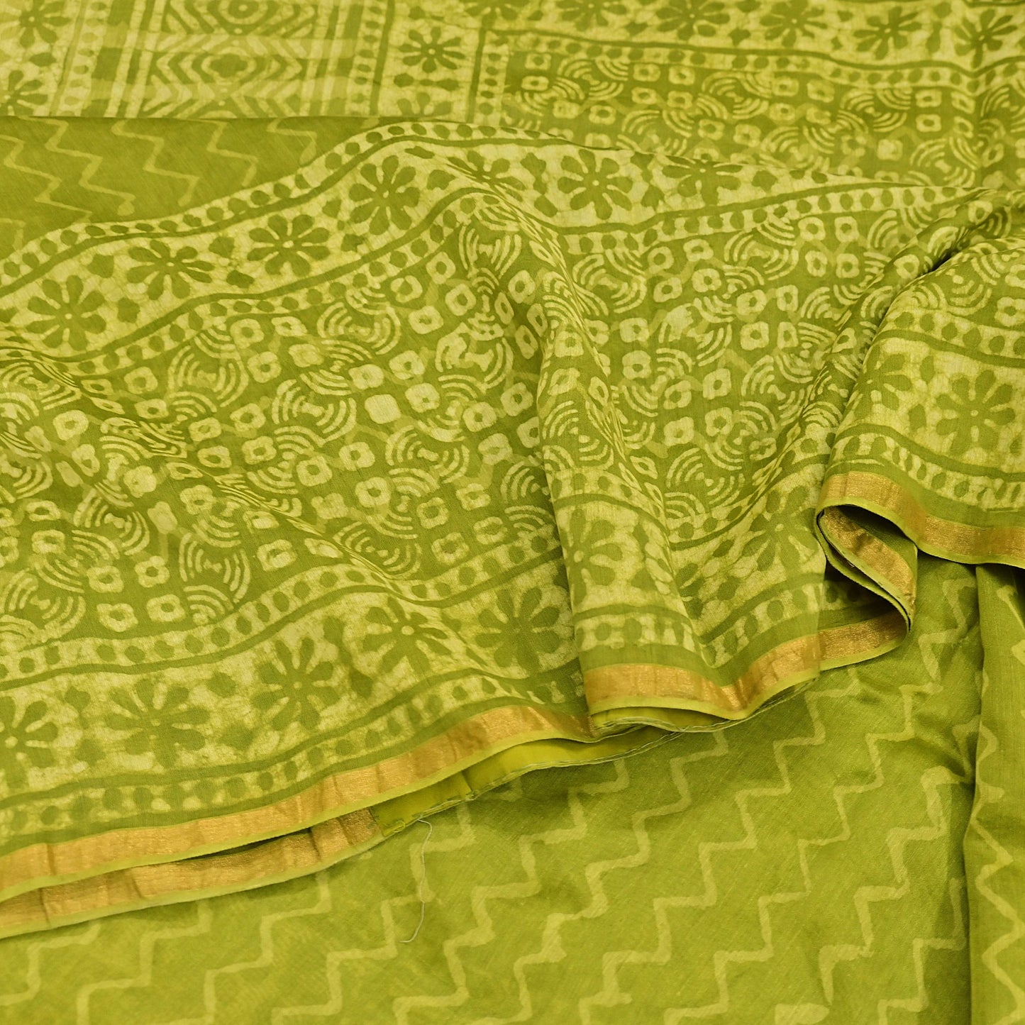 Indian Vintage Green & yellow Block Printed Pure Chanderi Silk Saree Zari Border 6Yards Soft Craft Fabric for Upcycling, Dressmaking,