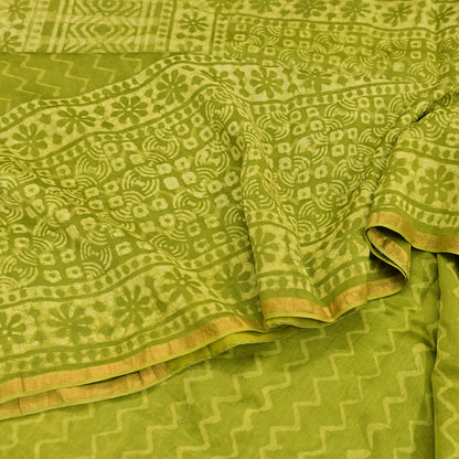 Indian Vintage Green & yellow Block Printed Pure Chanderi Silk Saree Zari Border 6Yards Soft Craft Fabric for Upcycling, Dressmaking,