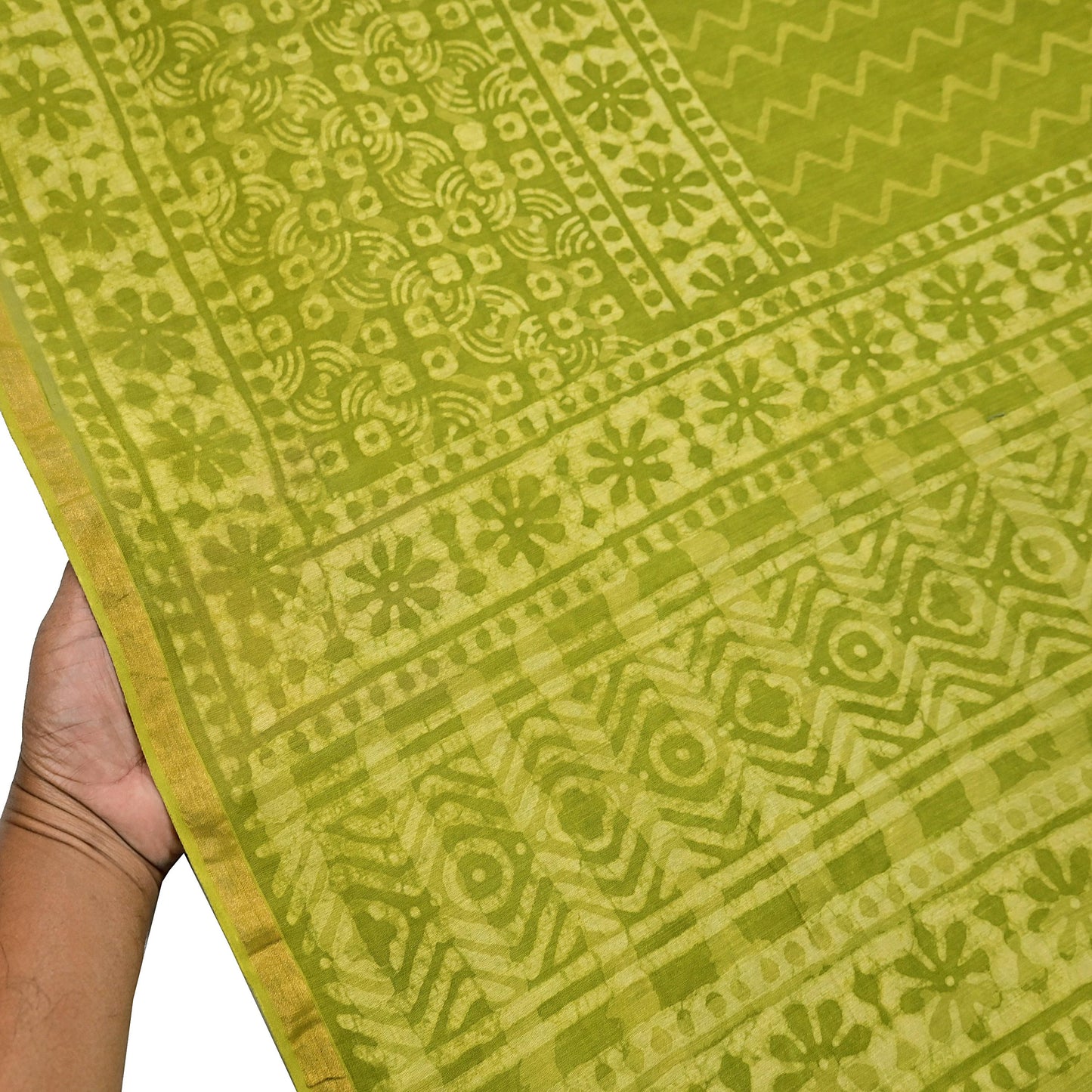 Indian Vintage Green & yellow Block Printed Pure Chanderi Silk Saree Zari Border 6Yards Soft Craft Fabric for Upcycling, Dressmaking,