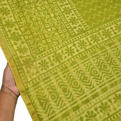 Indian Vintage Green & yellow Block Printed Pure Chanderi Silk Saree Zari Border 6Yards Soft Craft Fabric for Upcycling, Dressmaking,