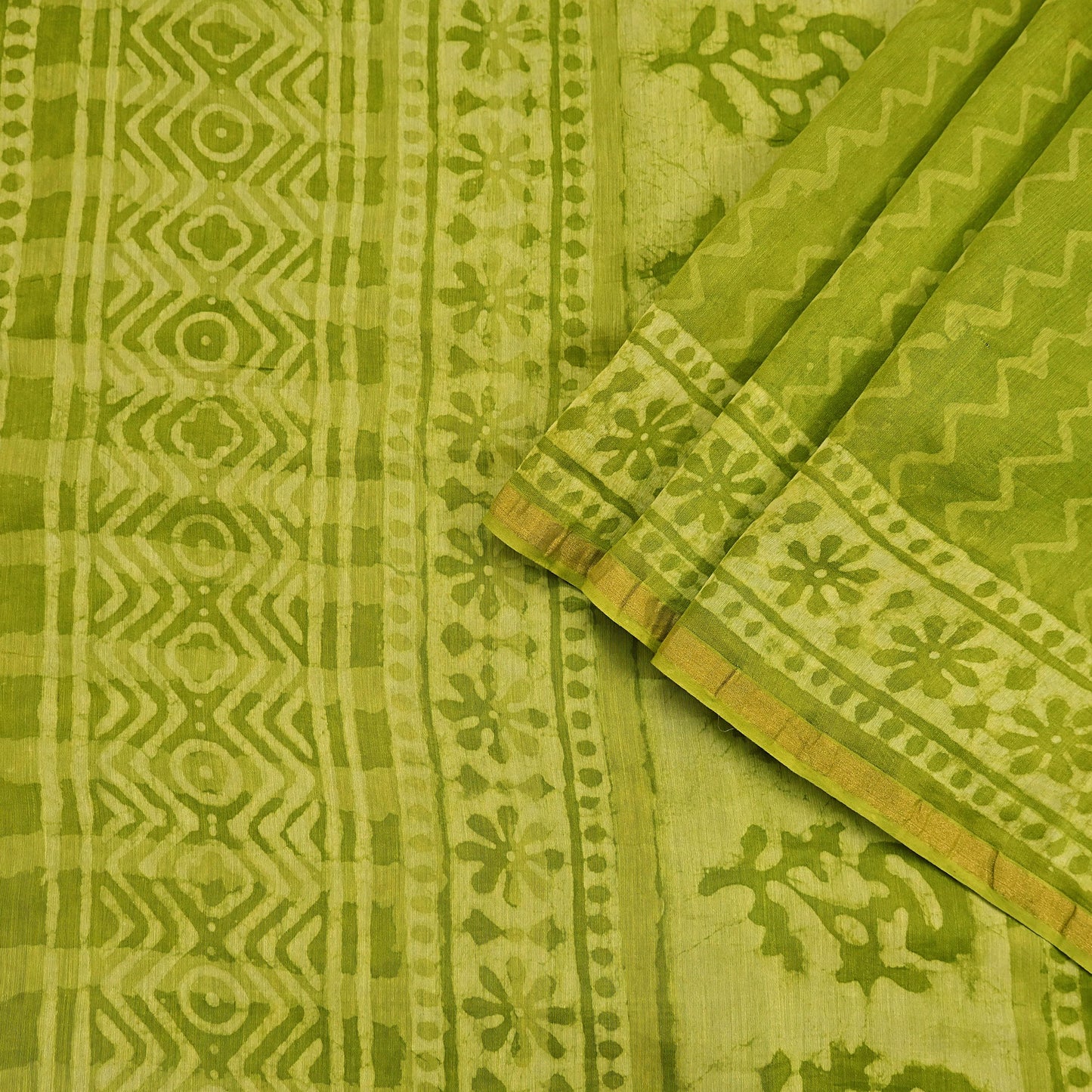 Indian Vintage Green & yellow Block Printed Pure Chanderi Silk Saree Zari Border 6Yards Soft Craft Fabric for Upcycling, Dressmaking,
