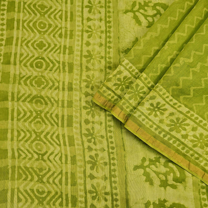 Indian Vintage Green & yellow Block Printed Pure Chanderi Silk Saree Zari Border 6Yards Soft Craft Fabric for Upcycling, Dressmaking,