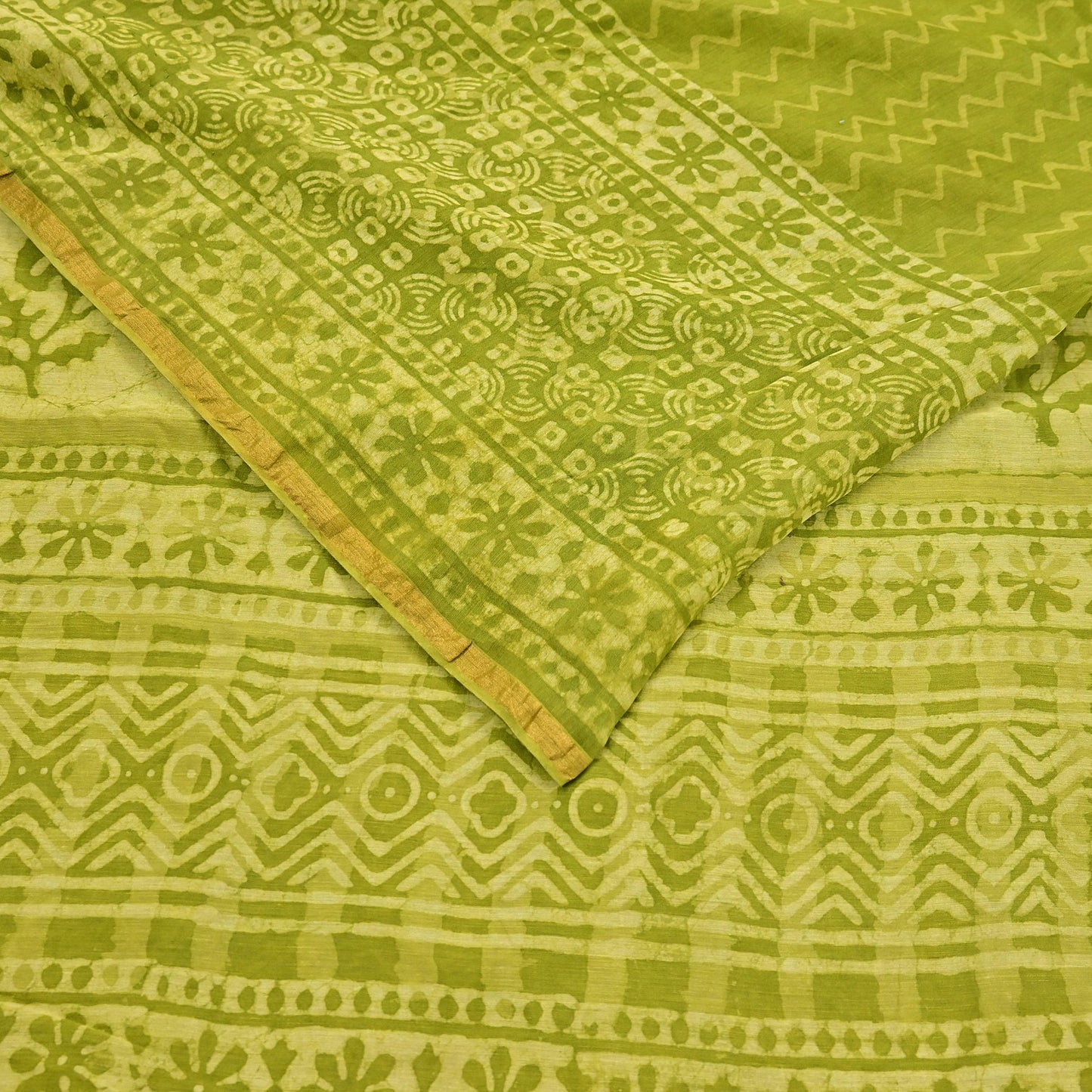 Indian Vintage Green & yellow Block Printed Pure Chanderi Silk Saree Zari Border 6Yards Soft Craft Fabric for Upcycling, Dressmaking,