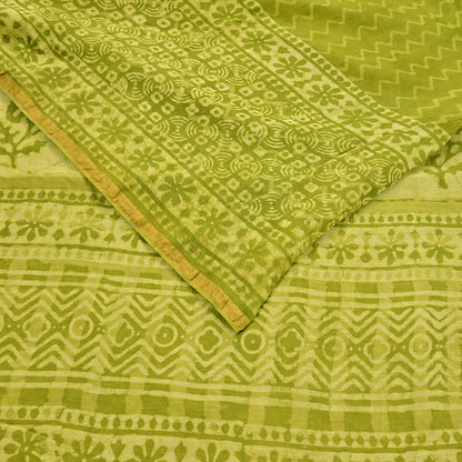 Indian Vintage Green & yellow Block Printed Pure Chanderi Silk Saree Zari Border 6Yards Soft Craft Fabric for Upcycling, Dressmaking,