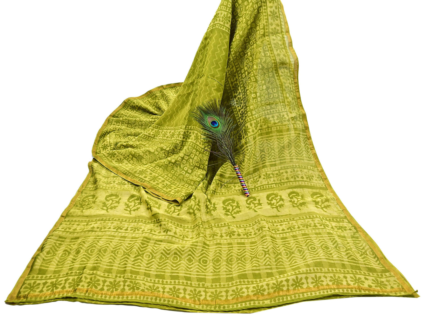 Indian Vintage Green & yellow Block Printed Pure Chanderi Silk Saree Zari Border 6Yards Soft Craft Fabric for Upcycling, Dressmaking,