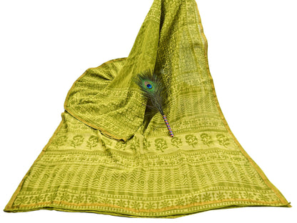 Indian Vintage Green & yellow Block Printed Pure Chanderi Silk Saree Zari Border 6Yards Soft Craft Fabric for Upcycling, Dressmaking,