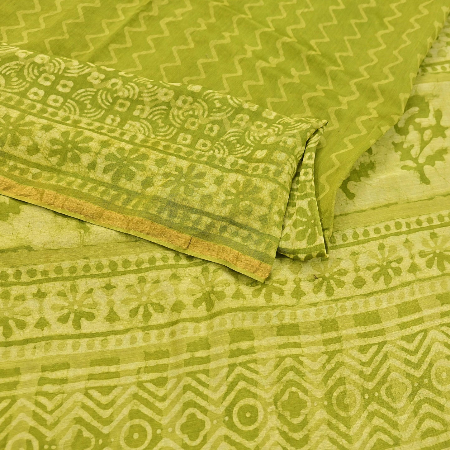 Indian Vintage Green & yellow Block Printed Pure Chanderi Silk Saree Zari Border 6Yards Soft Craft Fabric for Upcycling, Dressmaking,
