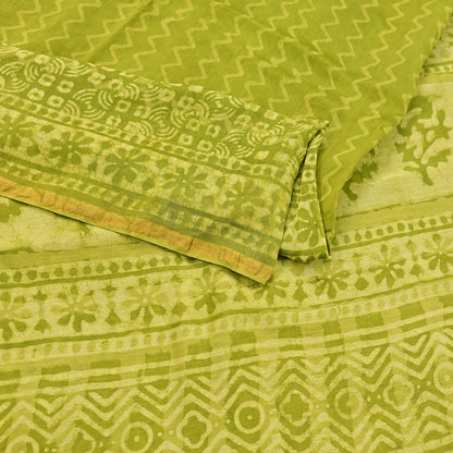 Indian Vintage Green & yellow Block Printed Pure Chanderi Silk Saree Zari Border 6Yards Soft Craft Fabric for Upcycling, Dressmaking,