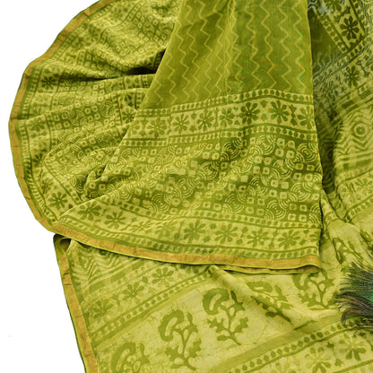 Indian Vintage Green & yellow Block Printed Pure Chanderi Silk Saree Zari Border 6Yards Soft Craft Fabric for Upcycling, Dressmaking,