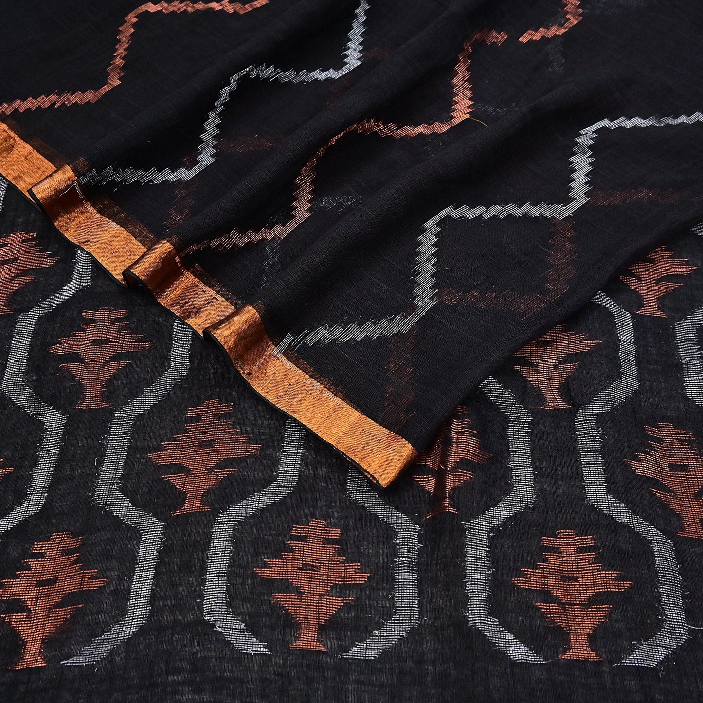 Indian Vintage Sari Black Pure Cotton Hand Woven Sarees Craft Fabric 5yd Ethnic Floral Crafting Upcycle Quilting Dress Making fringes