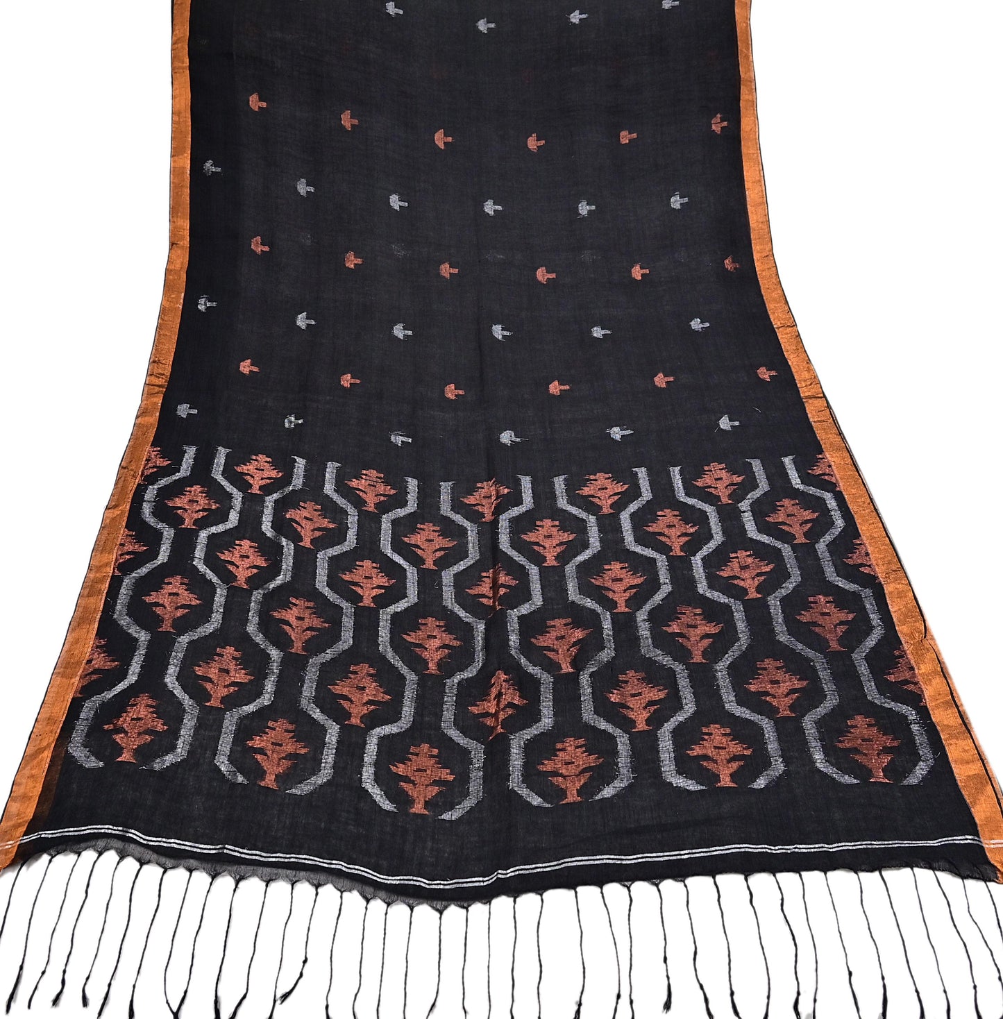 Indian Vintage Sari Black Pure Cotton Hand Woven Sarees Craft Fabric 5yd Ethnic Floral Crafting Upcycle Quilting Dress Making fringes
