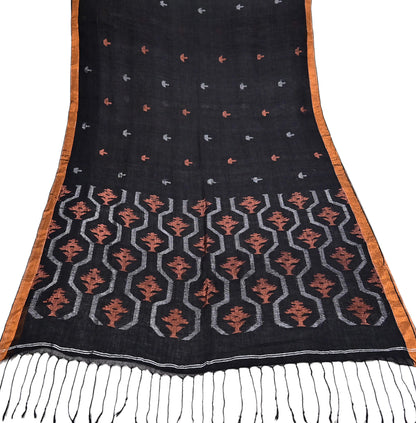 Indian Vintage Sari Black Pure Cotton Hand Woven Sarees Craft Fabric 5yd Ethnic Floral Crafting Upcycle Quilting Dress Making fringes