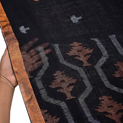 Indian Vintage Sari Black Pure Cotton Hand Woven Sarees Craft Fabric 5yd Ethnic Floral Crafting Upcycle Quilting Dress Making fringes