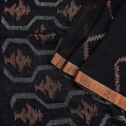 Indian Vintage Sari Black Pure Cotton Hand Woven Sarees Craft Fabric 5yd Ethnic Floral Crafting Upcycle Quilting Dress Making fringes