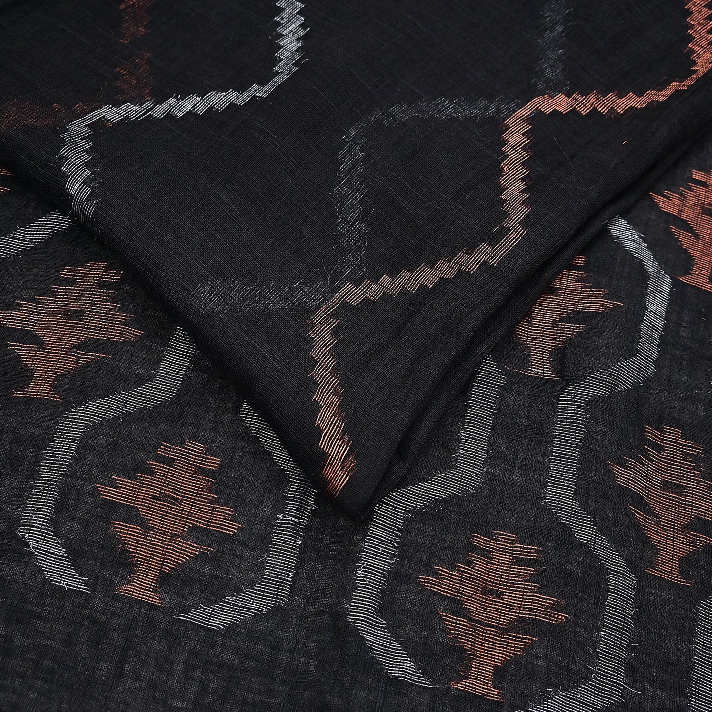Indian Vintage Sari Black Pure Cotton Hand Woven Sarees Craft Fabric 5yd Ethnic Floral Crafting Upcycle Quilting Dress Making fringes