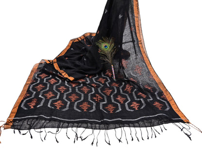 Indian Vintage Sari Black Pure Cotton Hand Woven Sarees Craft Fabric 5yd Ethnic Floral Crafting Upcycle Quilting Dress Making fringes