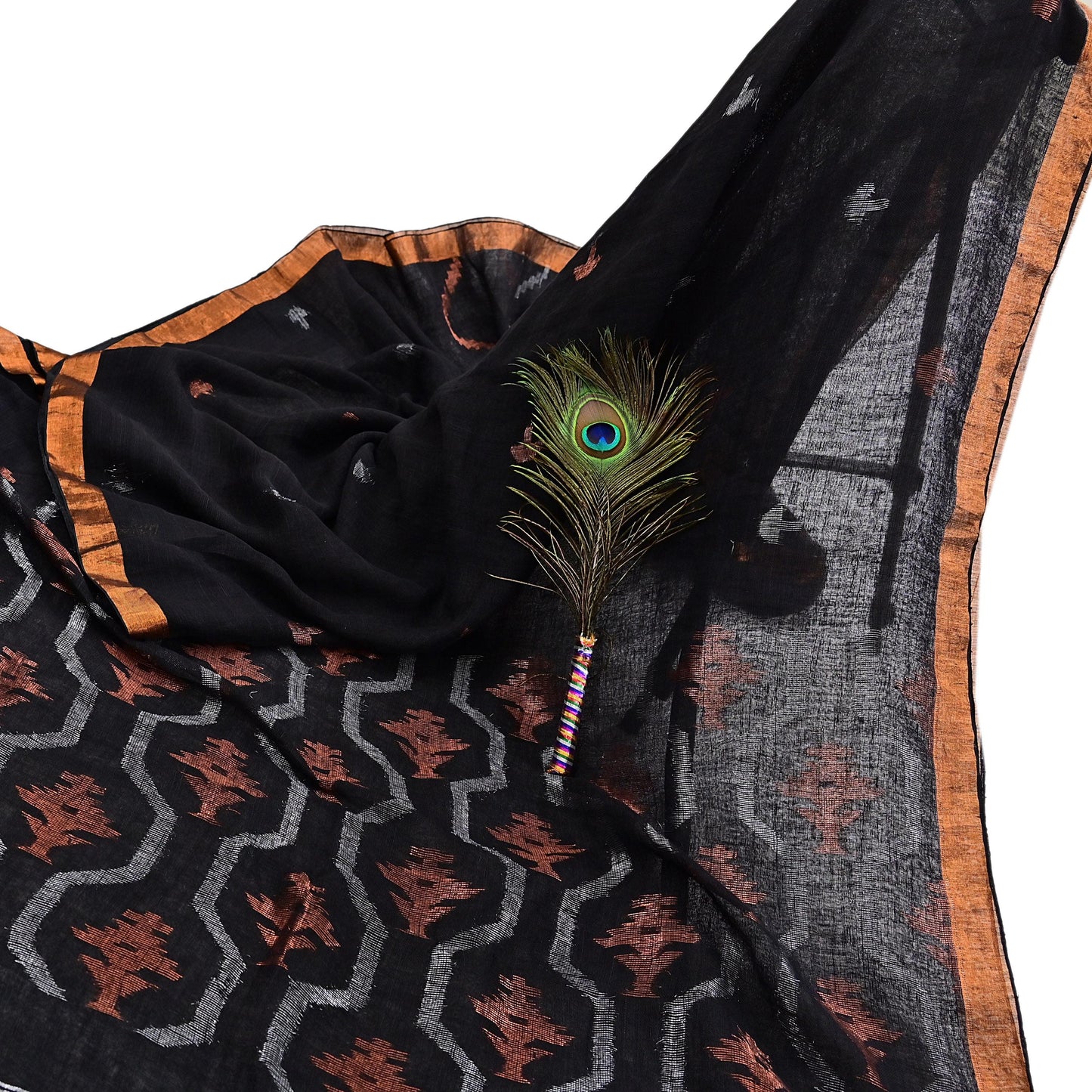 Indian Vintage Sari Black Pure Cotton Hand Woven Sarees Craft Fabric 5yd Ethnic Floral Crafting Upcycle Quilting Dress Making fringes