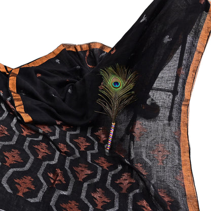 Indian Vintage Sari Black Pure Cotton Hand Woven Sarees Craft Fabric 5yd Ethnic Floral Crafting Upcycle Quilting Dress Making fringes