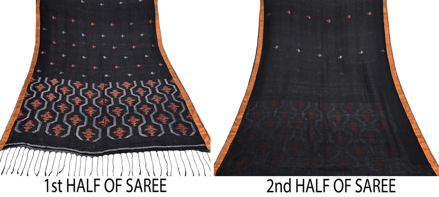 Indian Vintage Sari Black Pure Cotton Hand Woven Sarees Craft Fabric 5yd Ethnic Floral Crafting Upcycle Quilting Dress Making fringes