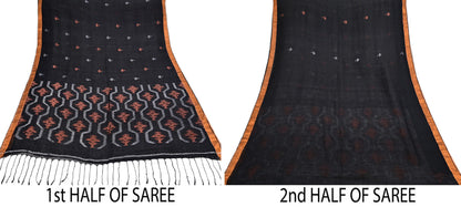 Indian Vintage Sari Black Pure Cotton Hand Woven Sarees Craft Fabric 5yd Ethnic Floral Crafting Upcycle Quilting Dress Making fringes