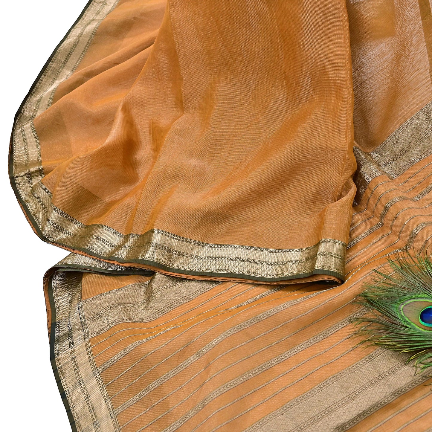 Indian Vintage Sari Saffron Pure Silk Hand Woven Sarees Craft Fabric 5Yd Floral Soft Golden Zari Bollywood Sarees Crafting Upcycle
