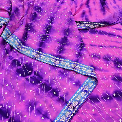 Indian Vintage Saree Purple & Peach Pure Crepe Silk Hand Embroidered Tie-Dye Sari Fabric 5yard Sewing Craft Fabric Ethnic Dressmaking