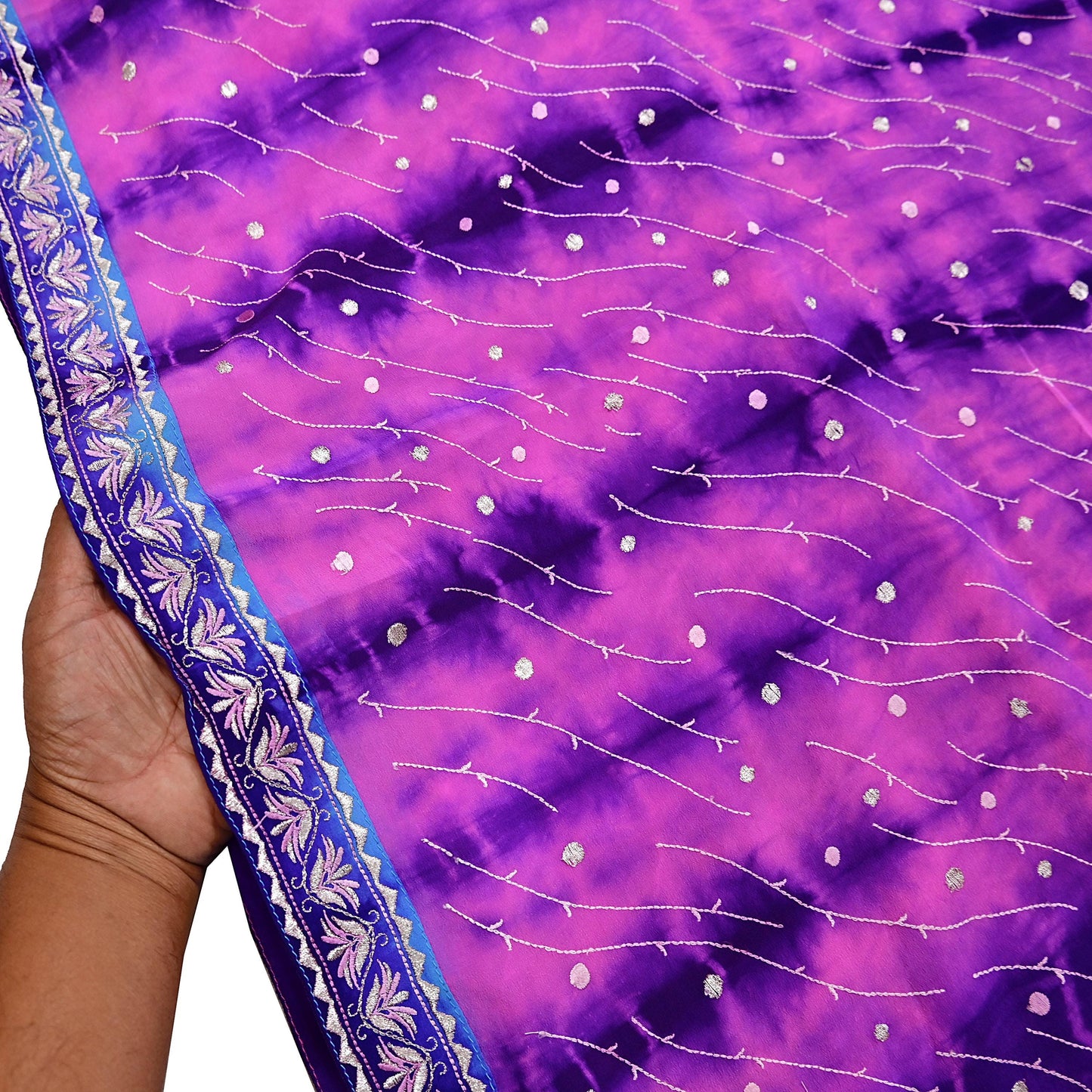 Indian Vintage Saree Purple & Peach Pure Crepe Silk Hand Embroidered Tie-Dye Sari Fabric 5yard Sewing Craft Fabric Ethnic Dressmaking
