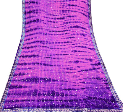 Indian Vintage Saree Purple & Peach Pure Crepe Silk Hand Embroidered Tie-Dye Sari Fabric 5yard Sewing Craft Fabric Ethnic Dressmaking