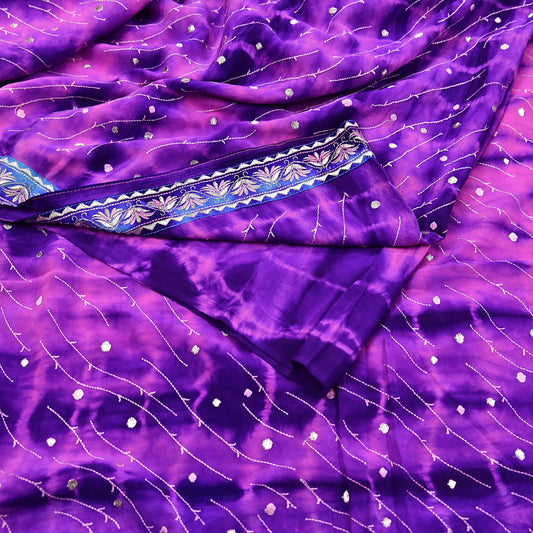 Indian Vintage Saree Purple & Peach Pure Crepe Silk Hand Embroidered Tie-Dye Sari Fabric 5yard Sewing Craft Fabric Ethnic Dressmaking