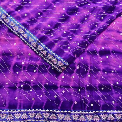 Indian Vintage Saree Purple & Peach Pure Crepe Silk Hand Embroidered Tie-Dye Sari Fabric 5yard Sewing Craft Fabric Ethnic Dressmaking