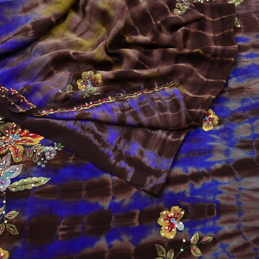 Indian Vintage Saree Pure Crepe Silk Hand Embroidered Tie-Dye Sari Fabric 6yard Sewing Craft Fabric Dressmaking Crafting Zari