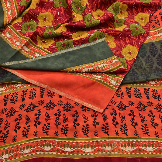 Indian Vintage Saree Red & Orange Pure Georgette Silk Printed Sari Sewing 5yd Craft Soft Floral Dress Designing for Crafting