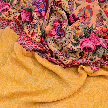 Vintage Sari Yellow 100% Pure Chiffon Silk Printed Sarees Sewing 5yd Craft Fabric Soft Dress Designing for Crafting Floral