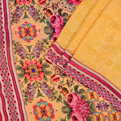 Vintage Sari Yellow 100% Pure Chiffon Silk Printed Sarees Sewing 5yd Craft Fabric Soft Dress Designing for Crafting Floral