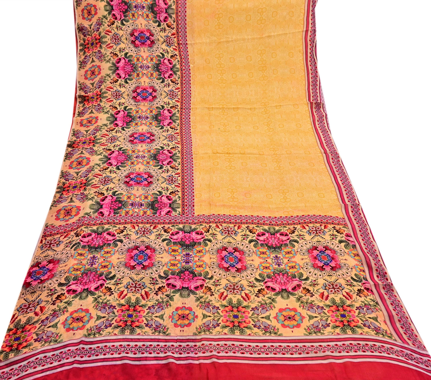 Vintage Sari Yellow 100% Pure Chiffon Silk Printed Sarees Sewing 5yd Craft Fabric Soft Dress Designing for Crafting Floral