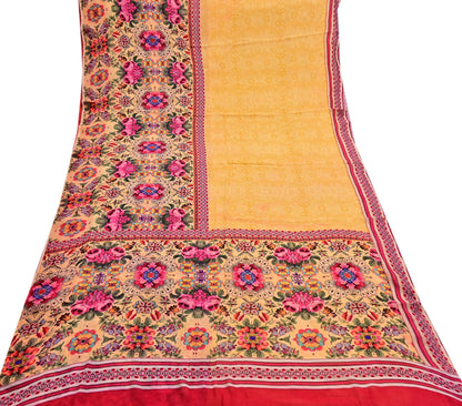 Vintage Sari Yellow 100% Pure Chiffon Silk Printed Sarees Sewing 5yd Craft Fabric Soft Dress Designing for Crafting Floral