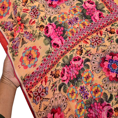 Vintage Sari Yellow 100% Pure Chiffon Silk Printed Sarees Sewing 5yd Craft Fabric Soft Dress Designing for Crafting Floral