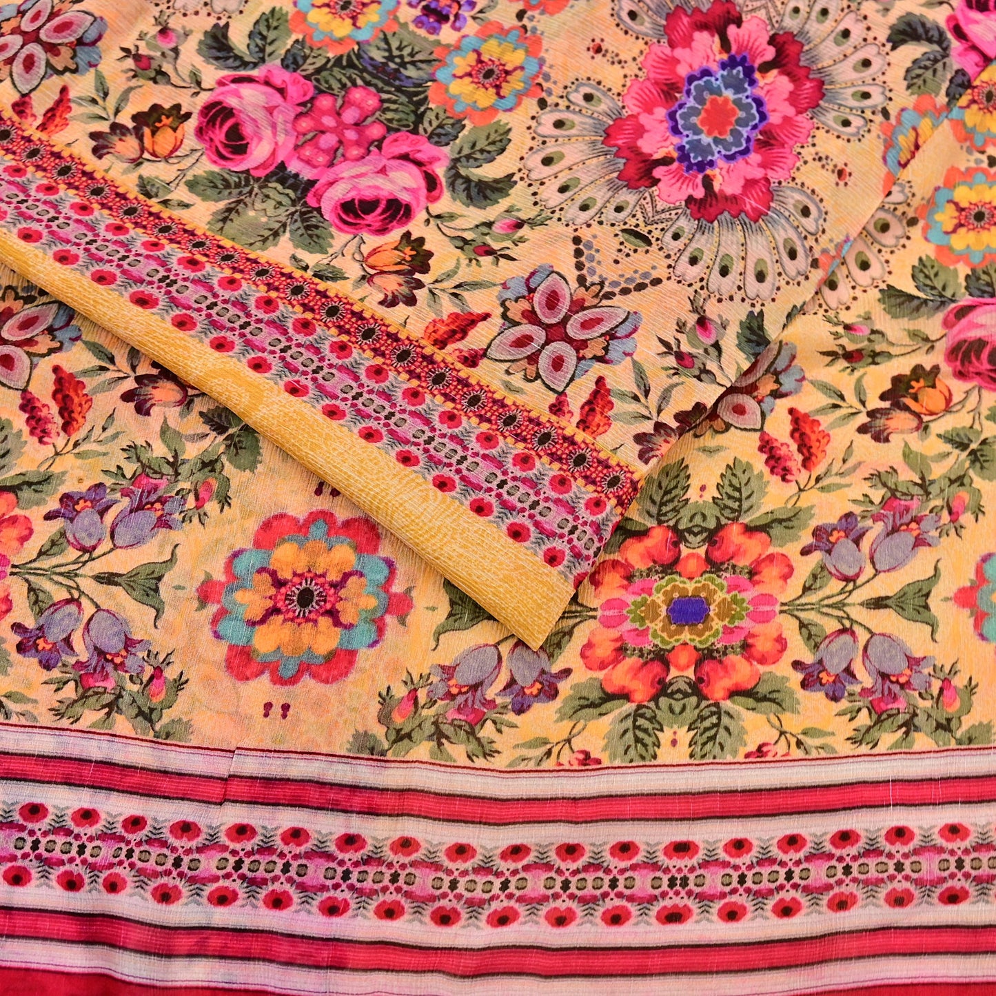 Vintage Sari Yellow 100% Pure Chiffon Silk Printed Sarees Sewing 5yd Craft Fabric Soft Dress Designing for Crafting Floral