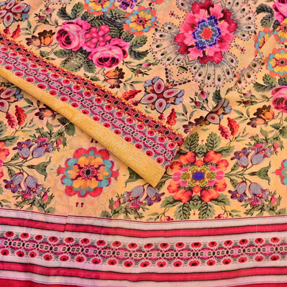 Vintage Sari Yellow 100% Pure Chiffon Silk Printed Sarees Sewing 5yd Craft Fabric Soft Dress Designing for Crafting Floral