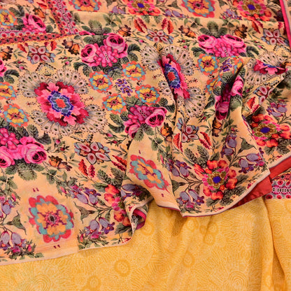 Vintage Sari Yellow 100% Pure Chiffon Silk Printed Sarees Sewing 5yd Craft Fabric Soft Dress Designing for Crafting Floral