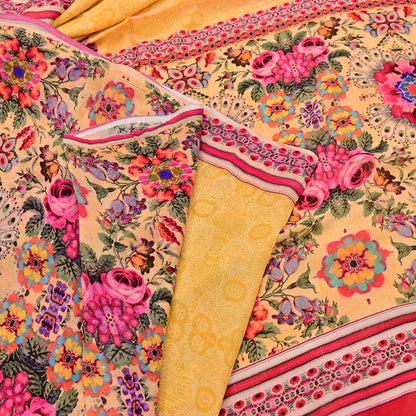 Vintage Sari Yellow 100% Pure Chiffon Silk Printed Sarees Sewing 5yd Craft Fabric Soft Dress Designing for Crafting Floral
