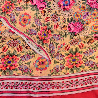 Vintage Sari Yellow 100% Pure Chiffon Silk Printed Sarees Sewing 5yd Craft Fabric Soft Dress Designing for Crafting Floral