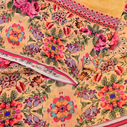 Vintage Sari Yellow 100% Pure Chiffon Silk Printed Sarees Sewing 5yd Craft Fabric Soft Dress Designing for Crafting Floral