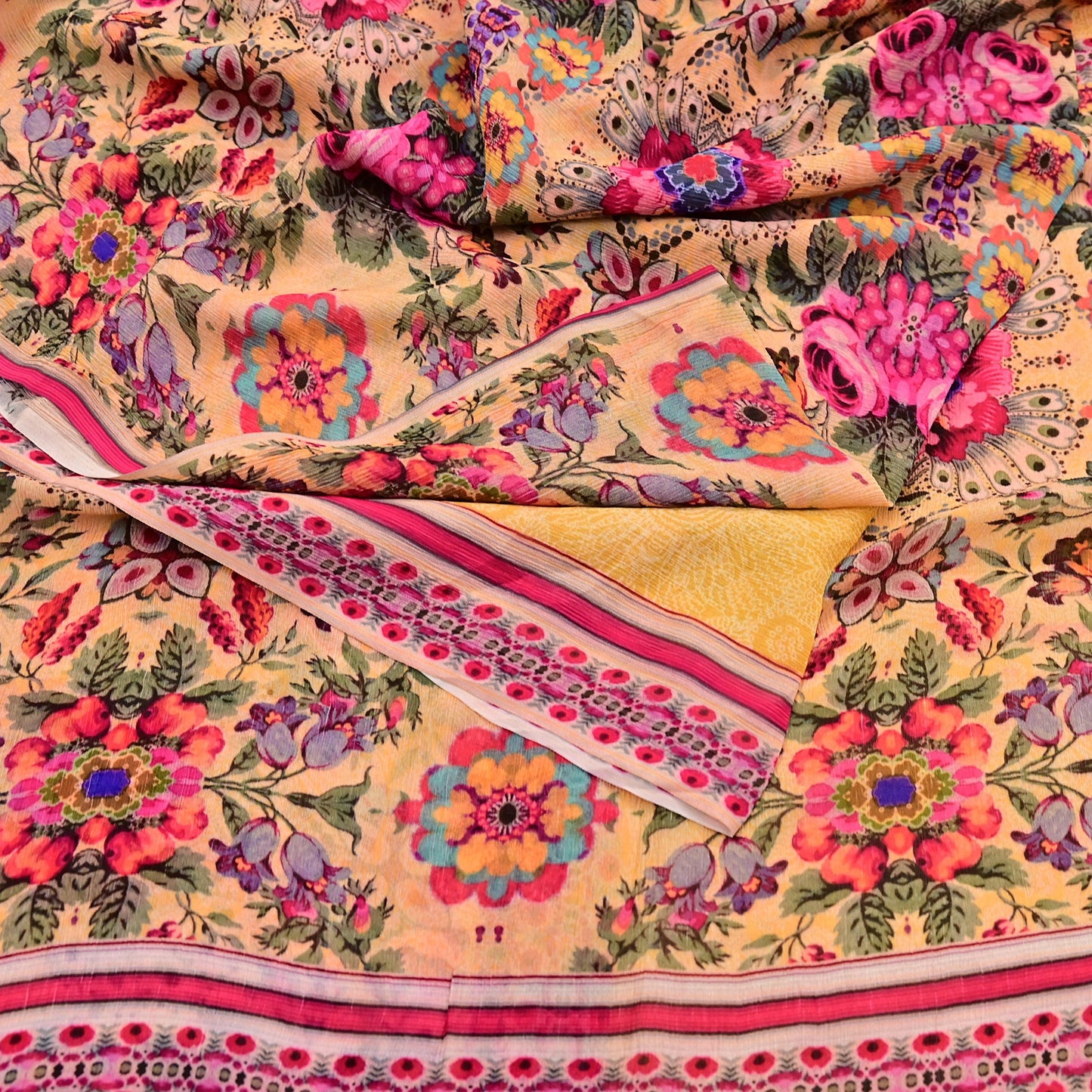 Vintage Sari Yellow 100% Pure Chiffon Silk Printed Sarees Sewing 5yd Craft Fabric Soft Dress Designing for Crafting Floral