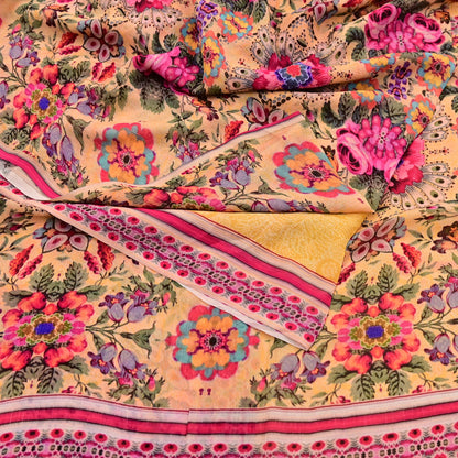 Vintage Sari Yellow 100% Pure Chiffon Silk Printed Sarees Sewing 5yd Craft Fabric Soft Dress Designing for Crafting Floral